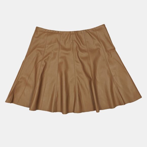 House of Harlow Vegan Leather Tan Panel Flare Mini Skirt Size S Clean Academia - Picture 1 of 11